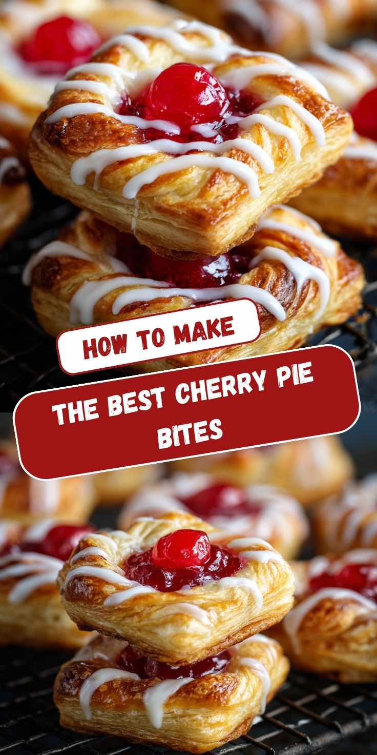A Pinterest collage showing two views of golden flaky puff pastry cherry pie bites filled with glossy red cherry filling, topped with a whole cherry and white icing drizzle on a cooling rack, with text overlay reading 'How to Make the Best Cherry Pie Bites.