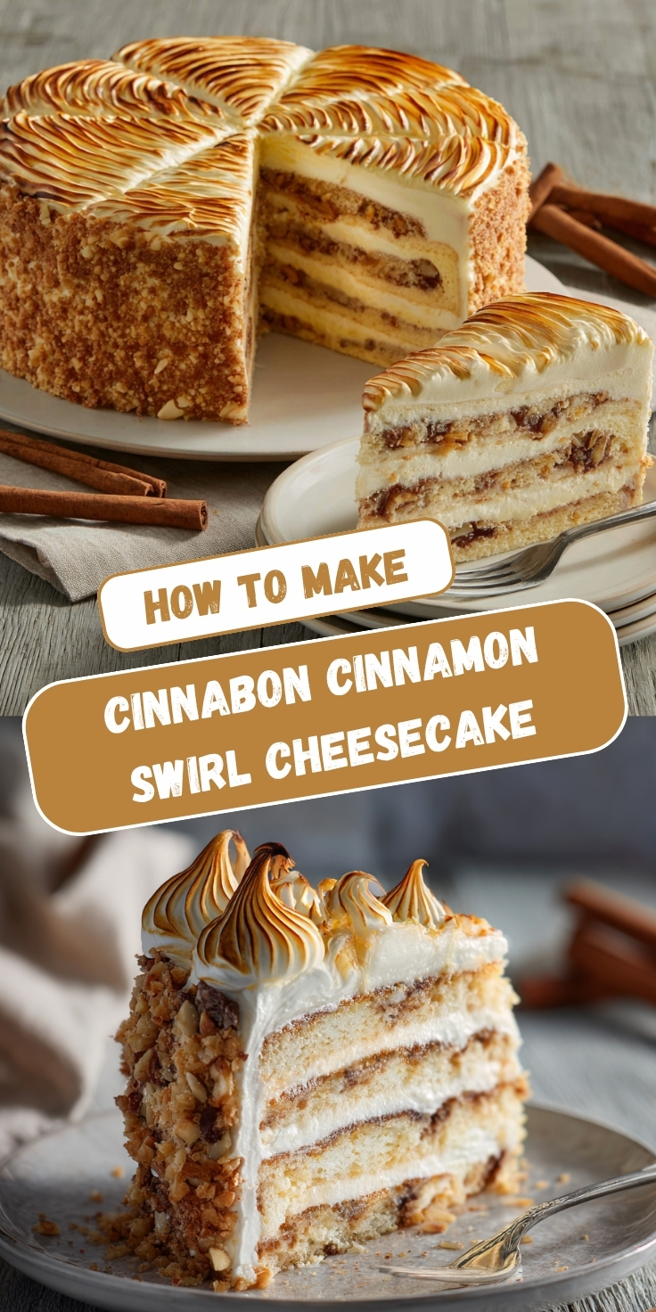 A Pinterest collage showing two views of a Cinnabon cinnamon swirl cheesecake with cinnamon crumb coating, layered cheesecake and cinnamon swirl filling, and toasted meringue top, with text overlay reading 'How to Make Cinnabon Cinnamon Swirl Cheesecake.