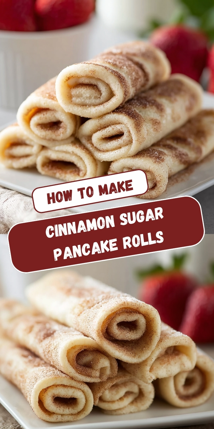 A Pinterest collage showing two views of soft cinnamon sugar pancake rolls stacked on a white plate with fresh strawberries in the background, with text overlay reading 'How to Make Cinnamon Sugar Pancake Rolls.