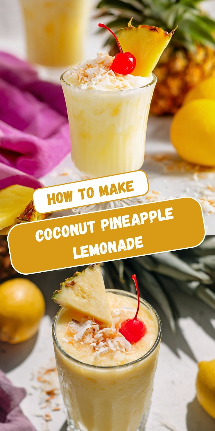 A Pinterest collage showing two views of a creamy coconut pineapple lemonade with toasted coconut flakes, a maraschino cherry, and a fresh pineapple wedge, surrounded by lemons and a whole pineapple, with text overlay reading 'How to Make Coconut Pineapple Lemonade.