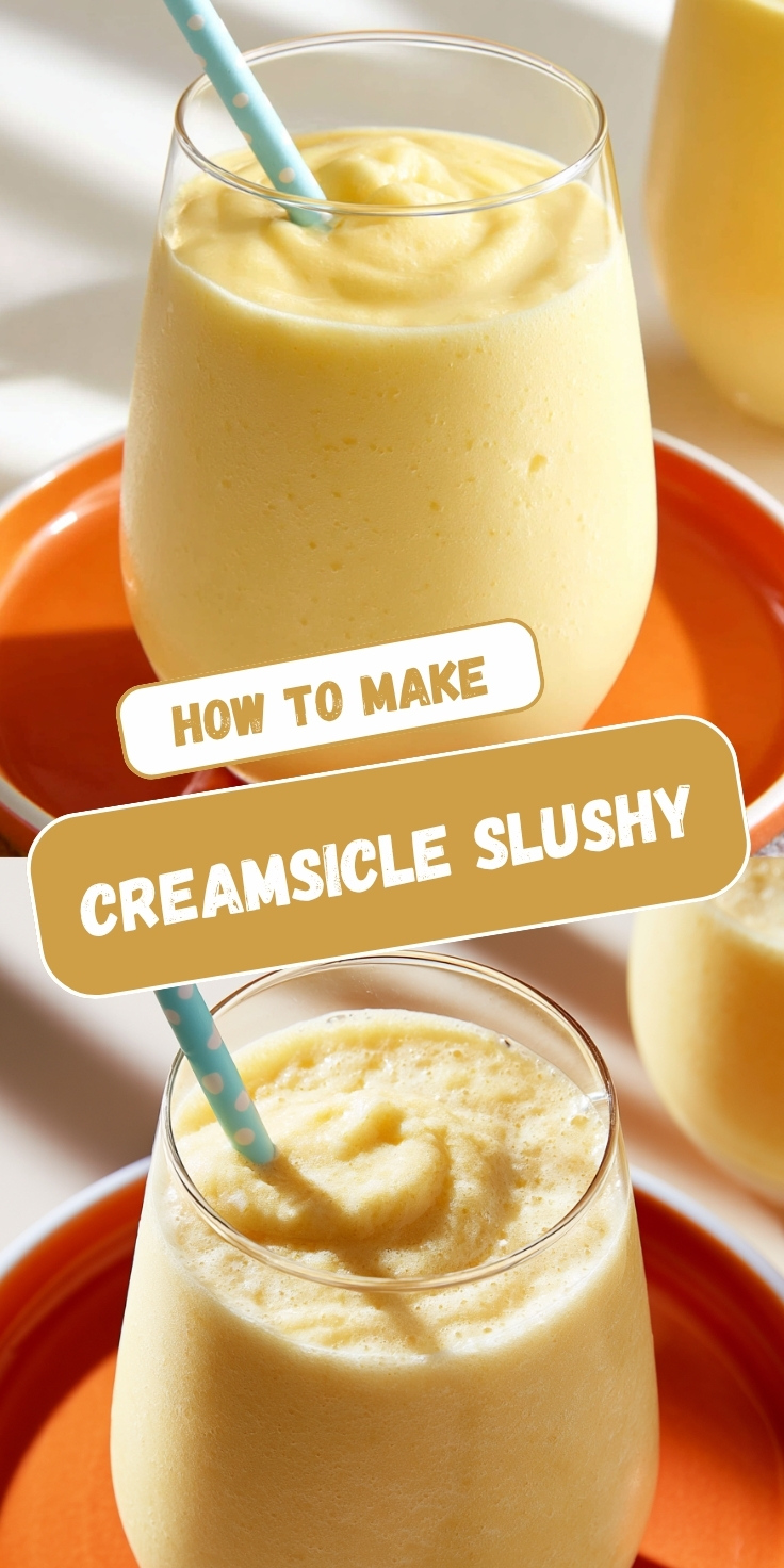 A Pinterest collage showing two views of a thick creamy pale yellow creamsicle slushy in stemless glasses with light blue polka dot straws, served on orange plates, with text overlay reading 'How to Make Creamsicle Slushy.