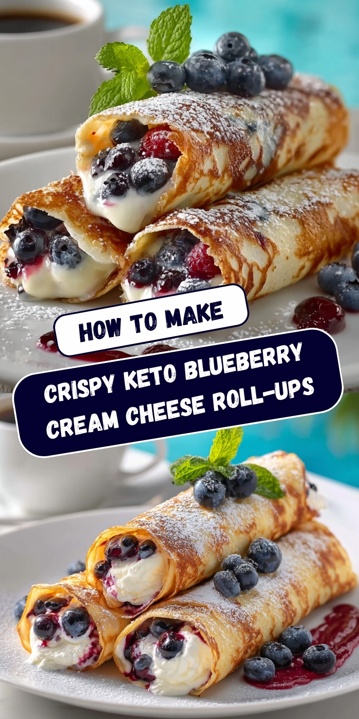 A Pinterest collage showing two views of golden crispy keto blueberry cream cheese roll-ups filled with cream cheese and blueberries, dusted with powdered sugar, and topped with fresh blueberries and mint, with text overlay reading 'How to Make Crispy Keto Blueberry Cream Cheese Roll-Ups.