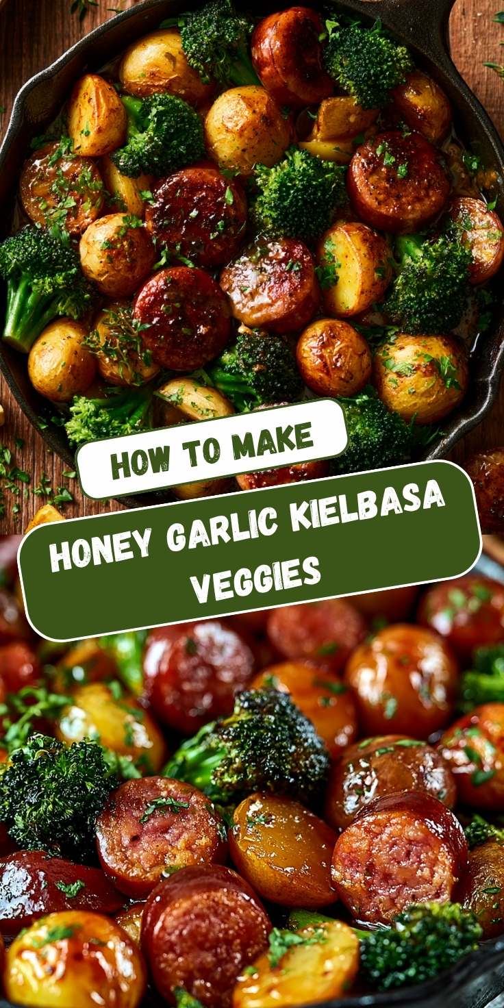 A Pinterest collage showing two views of honey garlic kielbasa with caramelized sausage rounds, roasted baby potatoes, and broccoli florets in a glossy honey garlic sauce in a cast iron skillet, garnished with fresh herbs, with text overlay reading 'How to Make Honey Garlic Kielbasa Veggies.