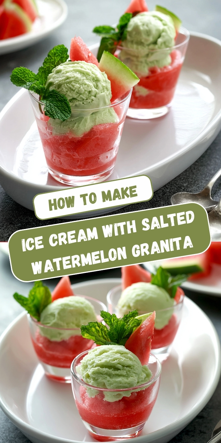 A Pinterest collage showing two views of glass cups filled with pink salted watermelon granita topped with pale green ice cream scoops, garnished with fresh mint and watermelon wedges on white plates, with text overlay reading 'How to Make Ice Cream with Salted Watermelon Granita.