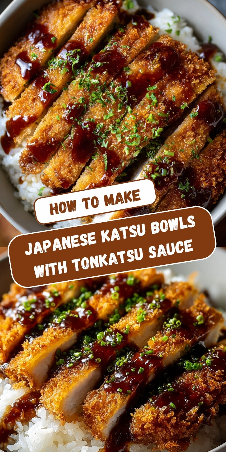 A Pinterest collage showing two views of Japanese katsu bowls with golden crispy panko-breaded chicken sliced over steamed white rice, drizzled with dark tonkatsu sauce and garnished with chopped green onions, with text overlay reading 'How to Make Japanese Katsu Bowls with Tonkatsu Sauce.