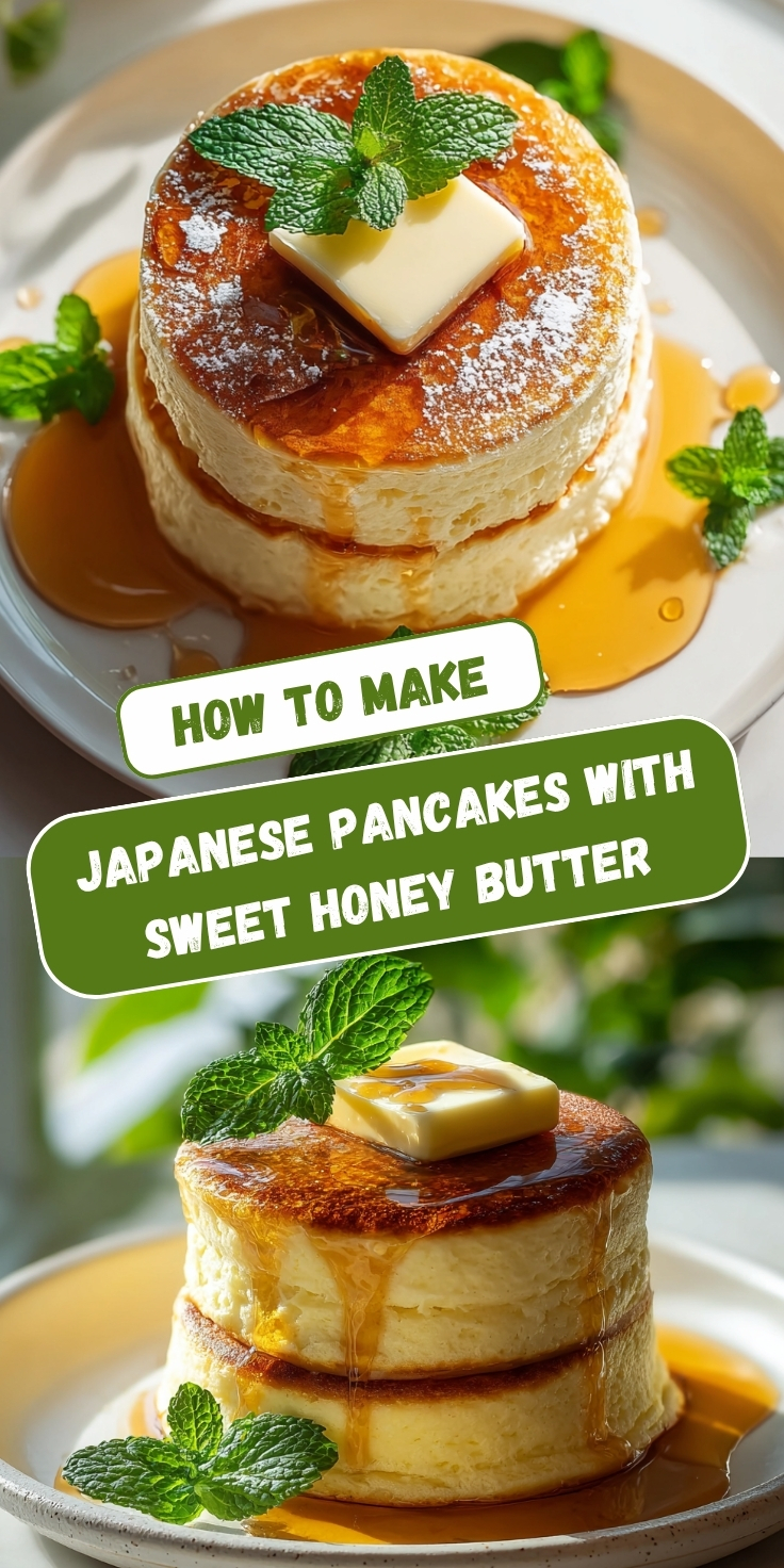 Two views of tall, fluffy Japanese Pancakes with Sweet Honey Butter, topped with a pat of butter, drizzled with honey, and garnished with fresh mint leaves on a white plate.