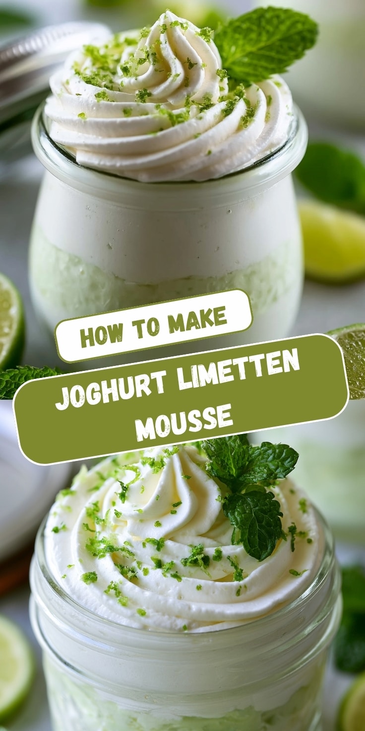 A Pinterest collage showing two views of yogurt lime mousse in glass jars, topped with swirled whipped cream, fresh lime zest, and mint sprigs, surrounded by lime halves, with text overlay reading 'How to Make Joghurt Limetten Mousse.