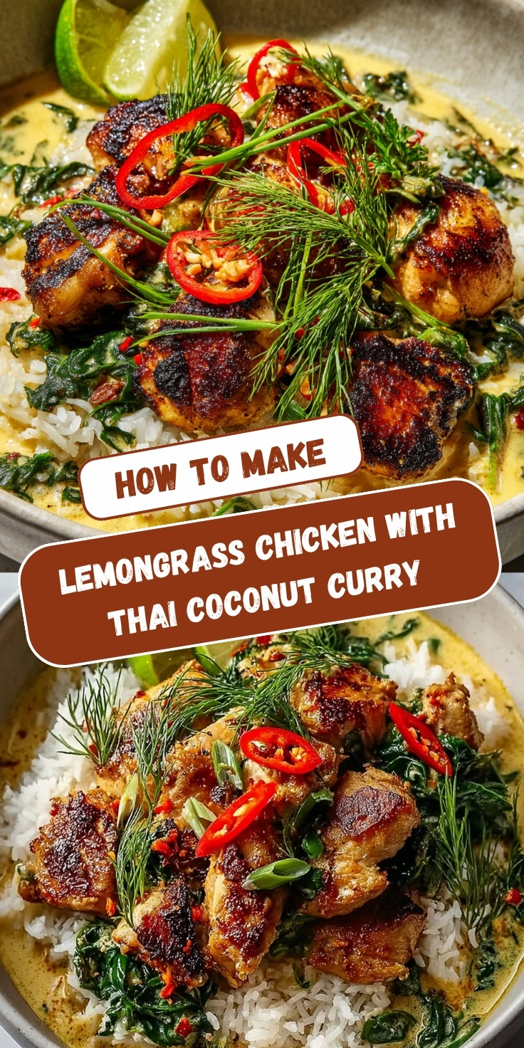 A Pinterest collage showing two views of lemongrass chicken in creamy Thai coconut curry with wilted greens over steamed rice, garnished with sliced red chilies, fresh dill, green onions, and a lime wedge, with text overlay reading 'How to Make Lemongrass Chicken With Thai Coconut Curry.
