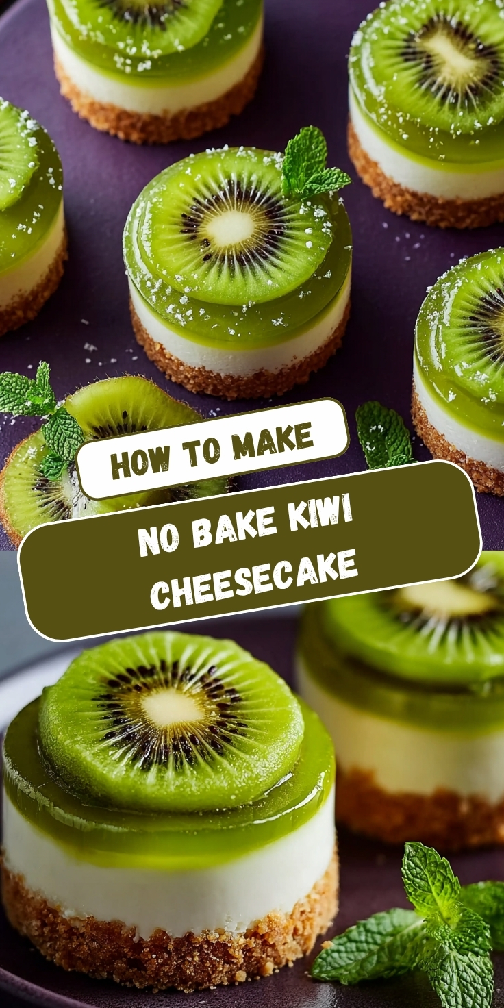 A Pinterest collage showing two views of individual no-bake kiwi cheesecakes with a graham cracker crust, creamy white cheesecake layer, green kiwi jelly, and fresh kiwi slices, garnished with mint leaves on a dark plate, with text overlay reading 'How to Make No Bake Kiwi Cheesecake.