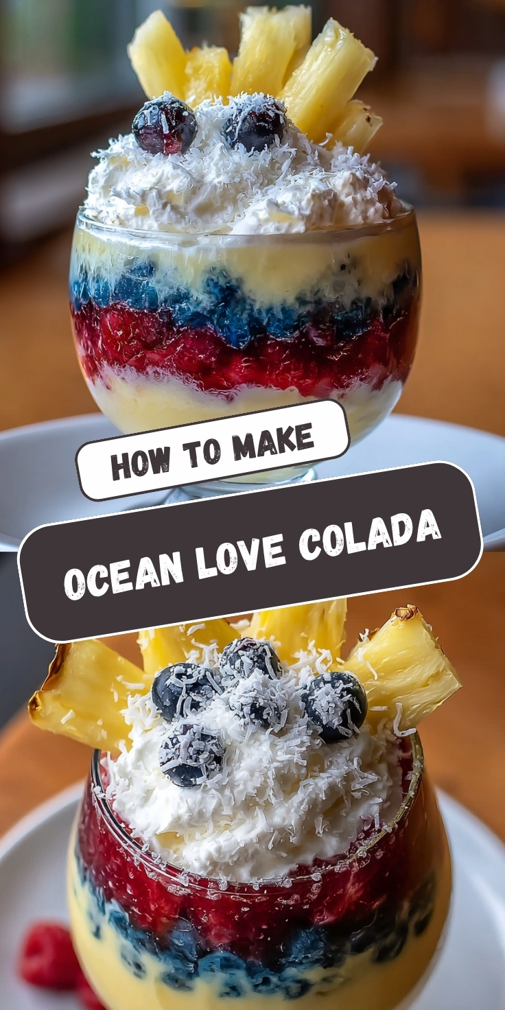 A Pinterest collage showing two views of an Ocean Love Colada with layered yellow, red, and blue fruit and cream in a round glass, topped with whipped cream, shredded coconut, fresh blueberries, and pineapple wedges, with text overlay reading 'How to Make Ocean Love Colada.