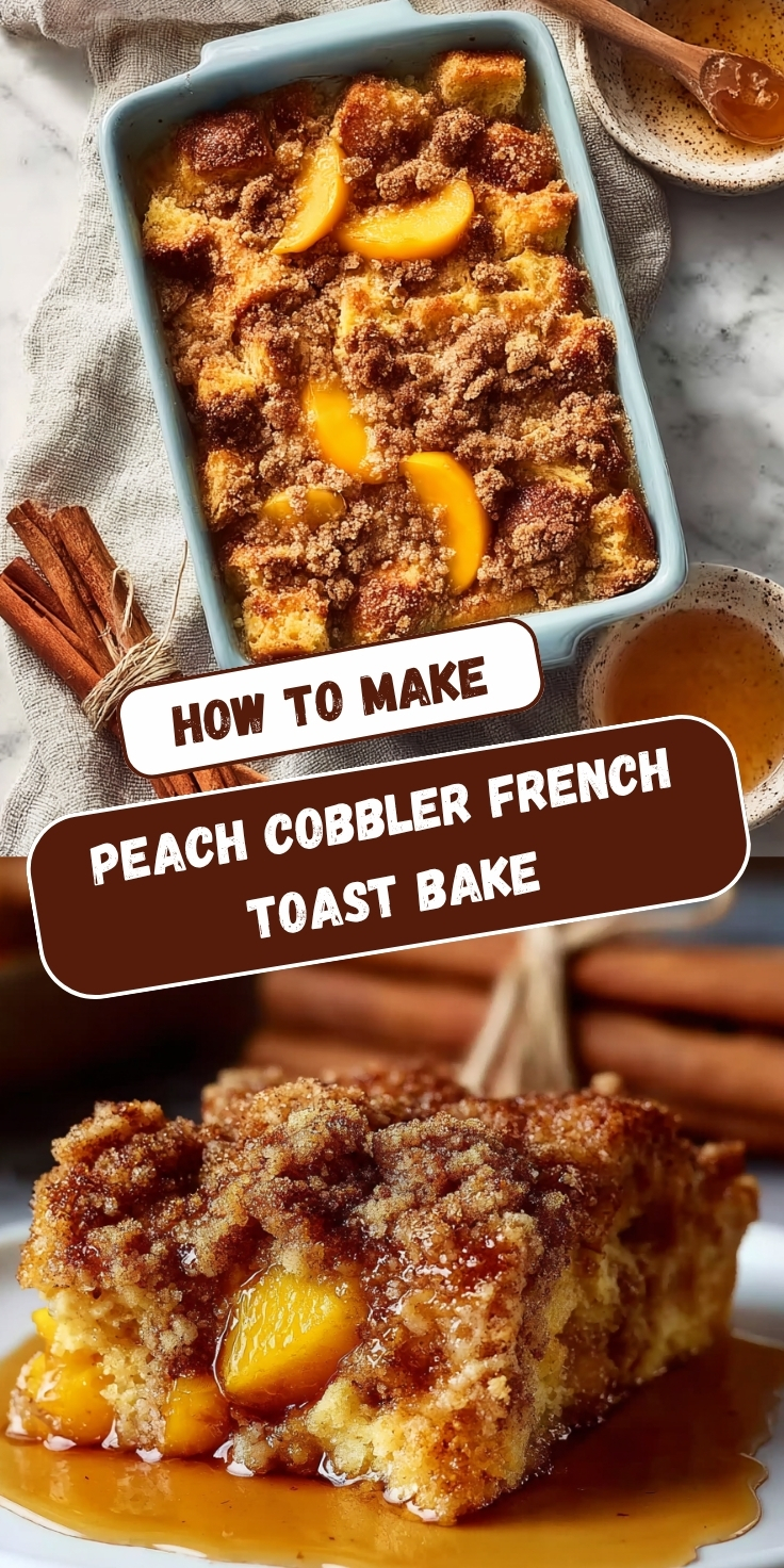 A Pinterest collage showing two views of a peach cobbler French toast bake — an overhead shot in a blue baking dish with peach slices and cinnamon streusel topping, and a close-up slice pooled in caramel syrup, with text overlay reading 'How to Make Peach Cobbler French Toast Bake.