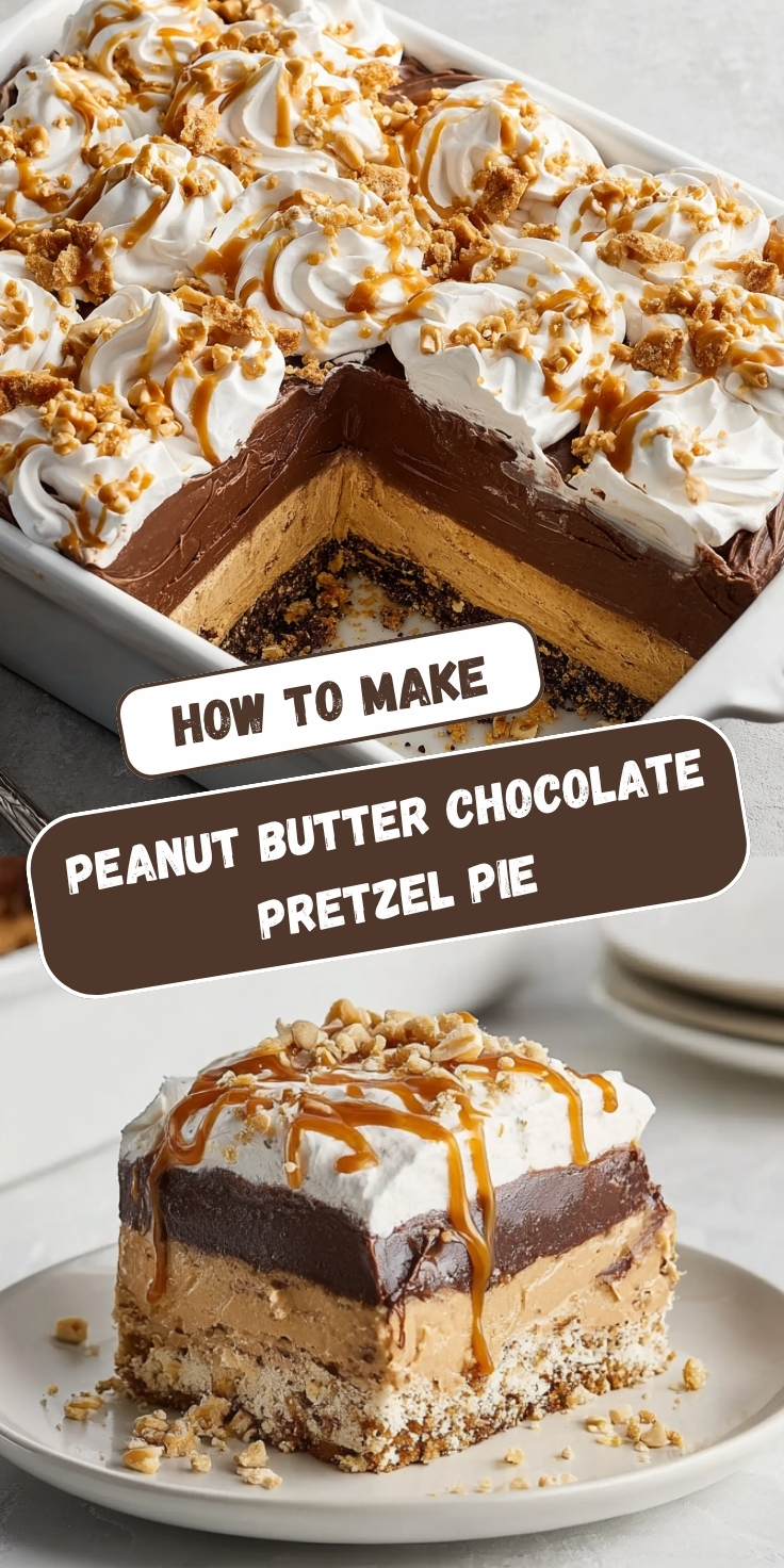 A Pinterest collage showing two views of a peanut butter chocolate pretzel pie — an overhead shot of the full slab in a white baking dish with whipped cream rosettes, caramel drizzle, and pretzel crumbles, and a close-up slice showing distinct layers of pretzel crust, peanut butter mousse, chocolate ganache, and whipped cream, with text overlay reading 'How to Make Peanut Butter Chocolate Pretzel Pie.