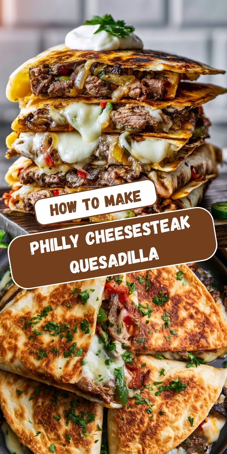 A Pinterest-style graphic titled "How to Make Philly Cheesesteak Quesadilla" featuring two photos: a stacked tower of cheesy steak quesadillas topped with sour cream, and golden-brown quesadilla wedges garnished with fresh parsley.