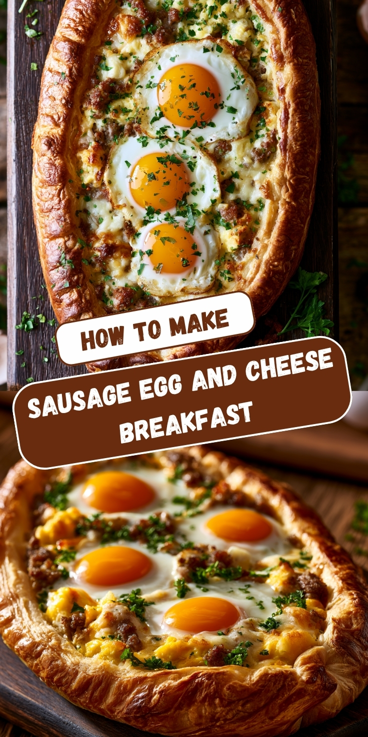 A Pinterest collage showing two views of a golden baked puff pastry boat filled with sunny-side-up eggs, crumbled sausage, scrambled eggs, and melted cheese, garnished with fresh parsley, with text overlay reading 'How to Make Sausage Egg and Cheese Breakfast.