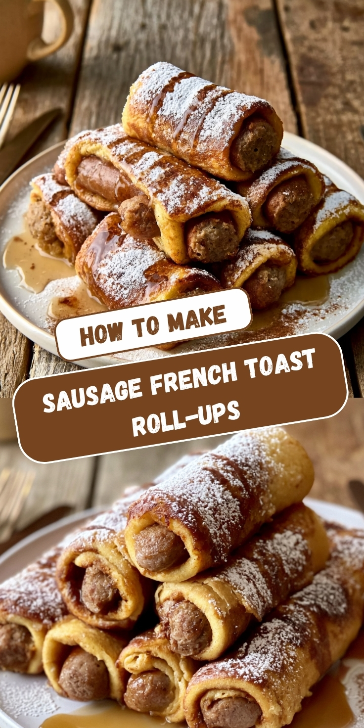 A Pinterest collage showing two views of golden French toast roll-ups wrapped around breakfast sausages, dusted with powdered sugar and drizzled with maple syrup on a white plate with a rustic wooden backdrop, with text overlay reading 'How to Make Sausage French Toast Roll-Ups.