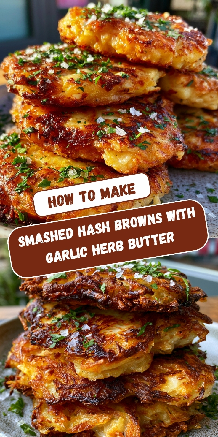 A Pinterest-style graphic titled "How to Make Smashed Hash Browns with Garlic Herb Butter" featuring two close-up photos of stacked crispy golden hash browns garnished with fresh parsley and flaky sea salt.