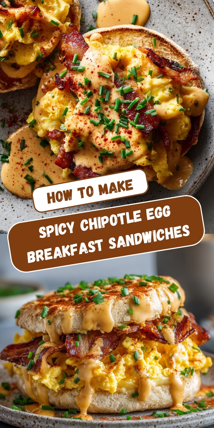 A Pinterest collage showing two views of a spicy chipotle egg breakfast sandwich with fluffy scrambled eggs, crispy bacon, and creamy chipotle sauce on a toasted English muffin, garnished with chives and smoked paprika, with text overlay reading 'How to Make Spicy Chipotle Egg Breakfast Sandwiches.
