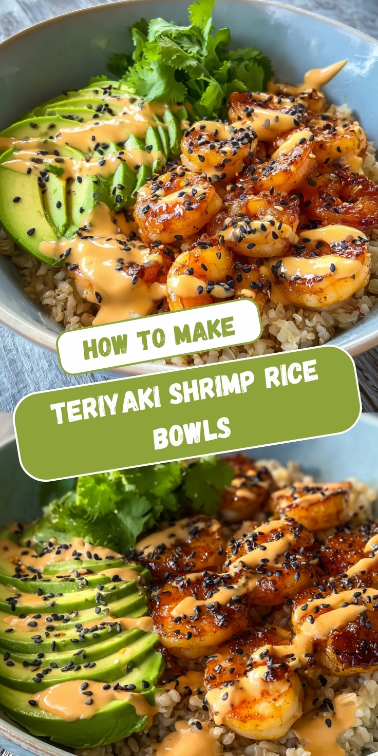 A Pinterest collage showing two views of a teriyaki shrimp rice bowl with glazed shrimp, sliced avocado, and brown rice drizzled with spicy mayo and sprinkled with black sesame seeds, topped with fresh cilantro, with text overlay reading 'How to Make Teriyaki Shrimp Rice Bowls.