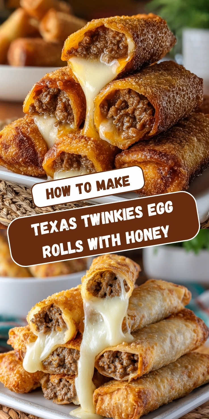 A Pinterest collage showing two views of Texas Twinkies egg rolls — golden crispy fried rolls filled with seasoned ground beef and oozing melted white cheese, with text overlay reading 'How to Make Texas Twinkies Egg Rolls with Honey.