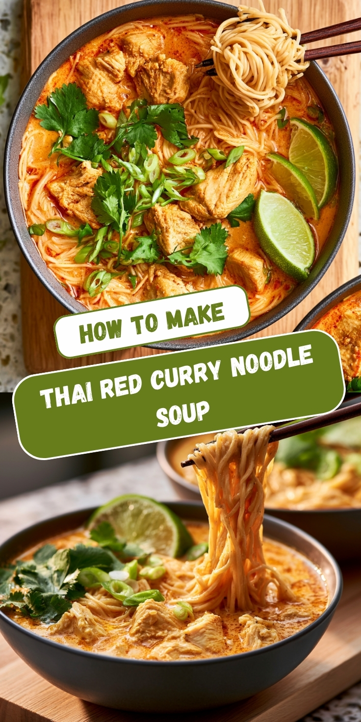 A Pinterest-style graphic titled "How to Make Thai Red Curry Noodle Soup" featuring two photos of bowls filled with creamy coconut curry broth, chicken, egg noodles lifted with chopsticks, cilantro, green onions, and lime wedges.