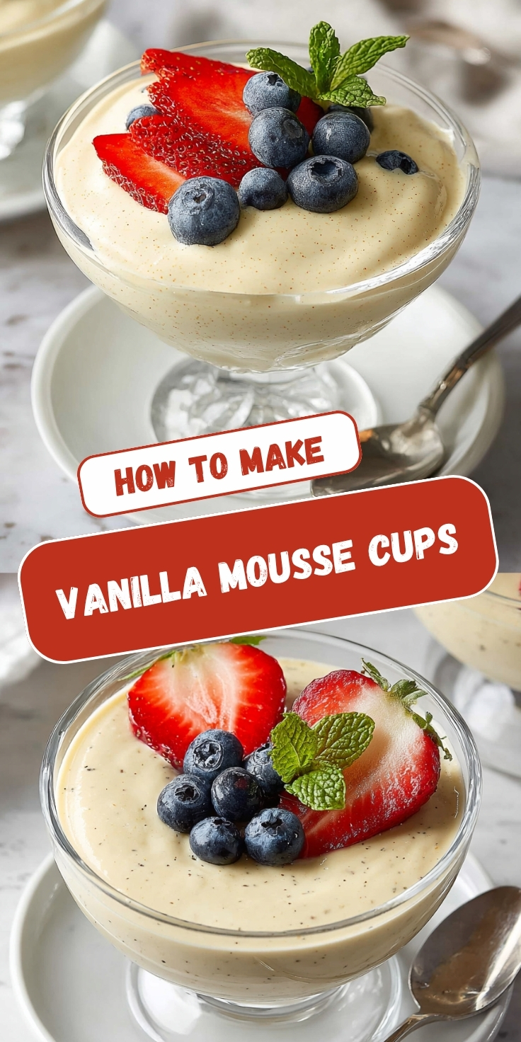 Two views of creamy Vanilla Mousse Cups in glass dessert dishes, topped with fresh strawberries, blueberries, and mint leaves.