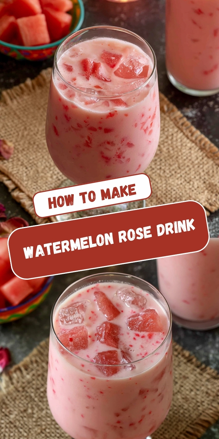 A Pinterest-style graphic titled "How to Make Watermelon Rose Drink" featuring two photos of pink, creamy watermelon drinks with fresh watermelon chunks served in stemmed glasses on burlap mats.