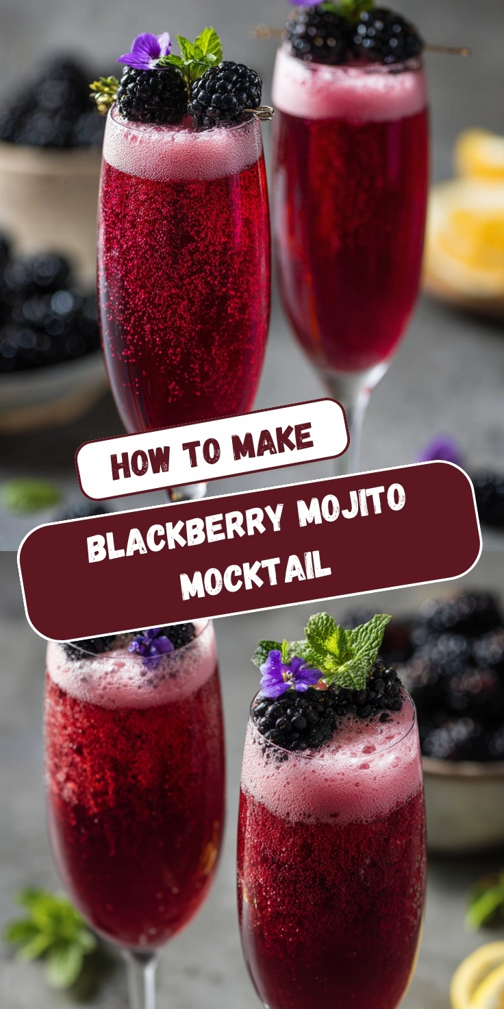 A Pinterest collage showing two views of sparkling deep red blackberry mojito mocktails in champagne flutes, garnished with fresh blackberries, purple edible flowers, and mint sprigs, with text overlay reading 'How to Make Blackberry Mojito Mocktail.