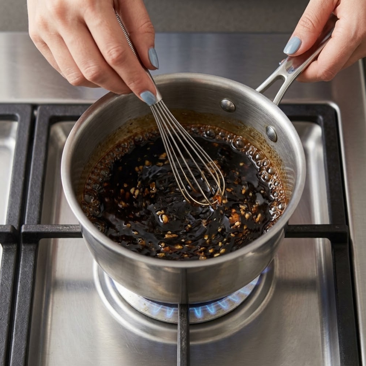 Extreme close-up view of hands with blue nails using a wire whisk to mix simmering teriyaki sauce in a small saucepan over a gas flame.