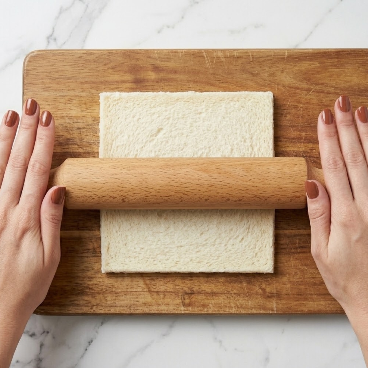 Extreme close-up view of hands with brown nails using a wooden rolling pin to flatten a slice of de-crusted white bread on a cutting board.