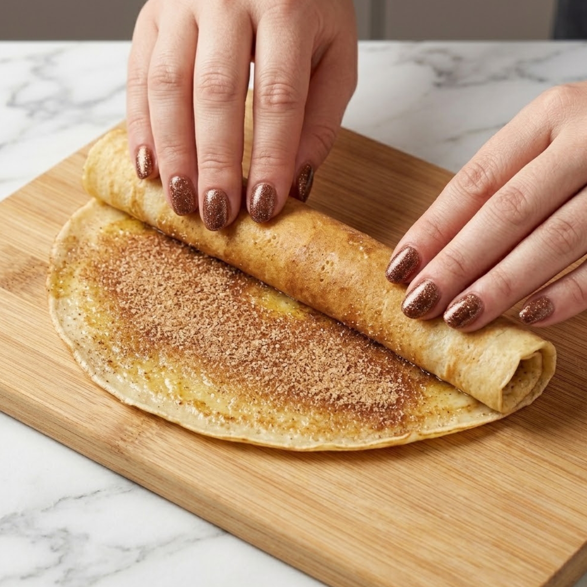 Tight close-up zoom of hands with brown nails rolling up a thin golden pancake filled with melted butter and cinnamon sugar.