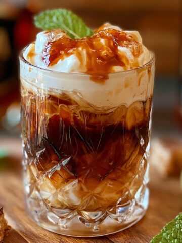 A cut crystal rocks glass filled with dark root beer rum cocktail over ice, topped with a billowing layer of whipped cream drizzled with caramel sauce and garnished with fresh mint, served on a wooden board with lime and chocolate pieces alongside.