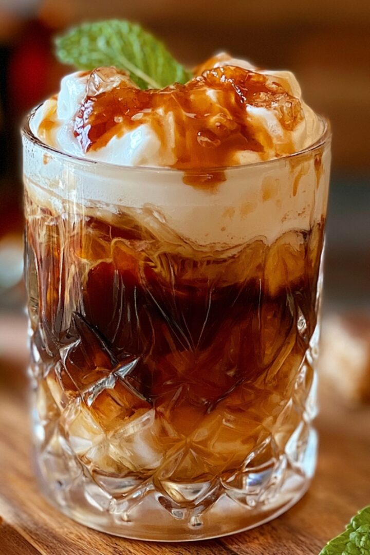 A cut crystal rocks glass filled with dark root beer rum cocktail over ice, topped with a billowing layer of whipped cream drizzled with caramel sauce and garnished with fresh mint, served on a wooden board with lime and chocolate pieces alongside.