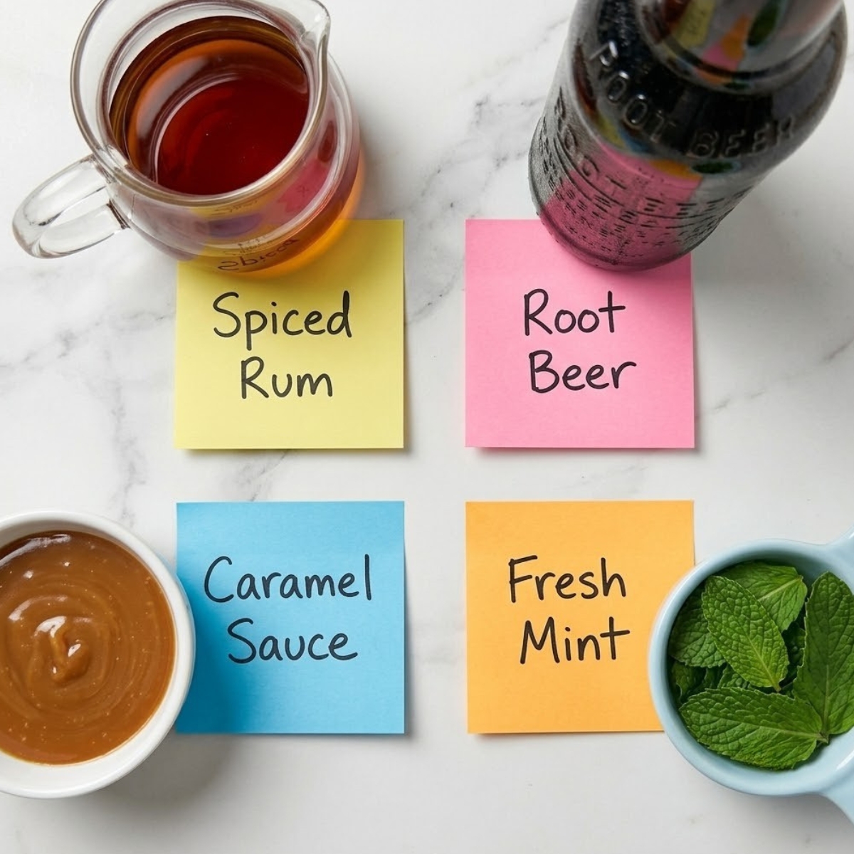 Flat lay of a pitcher of spiced rum, a bottle of root beer, a bowl of caramel sauce, and mint leaves with handwritten labels on a marble counter.