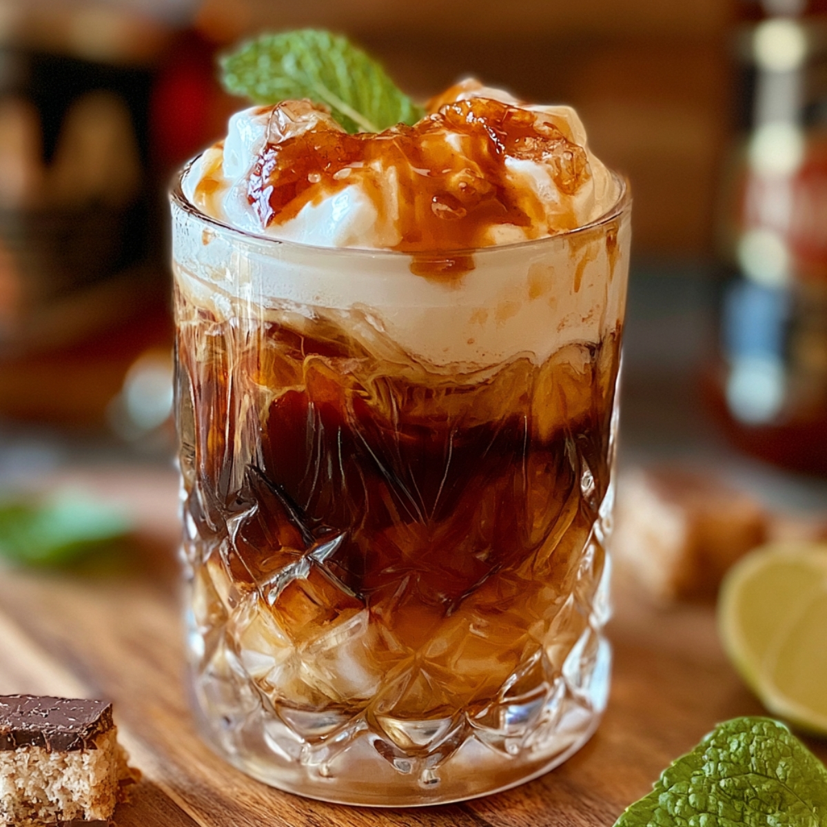A cut crystal rocks glass filled with dark root beer rum cocktail over ice, topped with a billowing layer of whipped cream drizzled with caramel sauce and garnished with fresh mint, served on a wooden board with lime and chocolate pieces alongside.