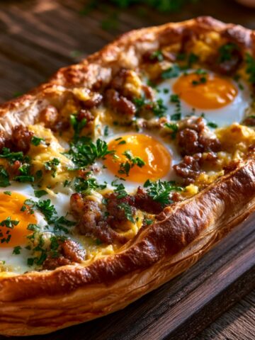 A golden baked puff pastry boat filled with sunny-side-up eggs, crumbled sausage, and melted cheese, garnished with fresh chopped parsley, served on a rustic wooden board.