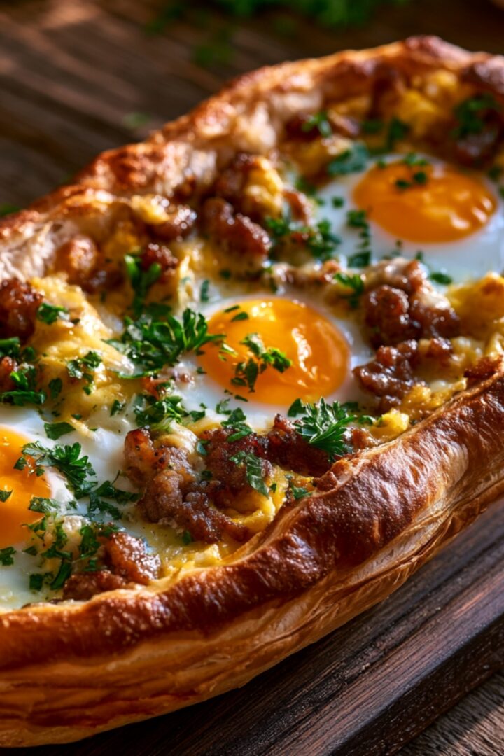 A golden baked puff pastry boat filled with sunny-side-up eggs, crumbled sausage, and melted cheese, garnished with fresh chopped parsley, served on a rustic wooden board.