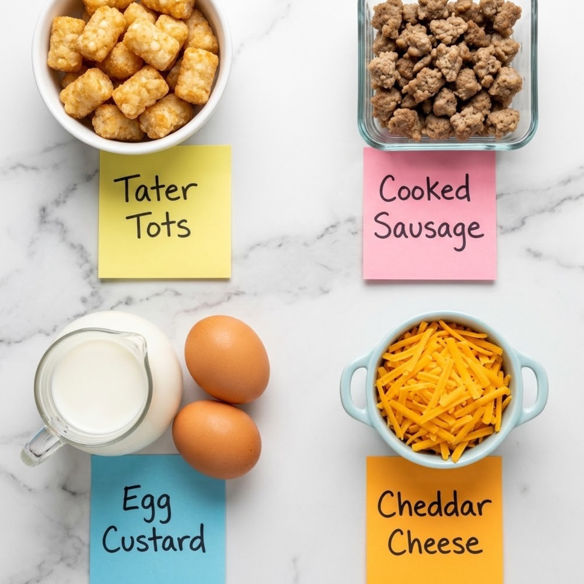Flat lay of frozen tater tots, crumbled breakfast sausage, raw eggs with milk, and shredded cheddar cheese with handwritten labels on a marble counter.