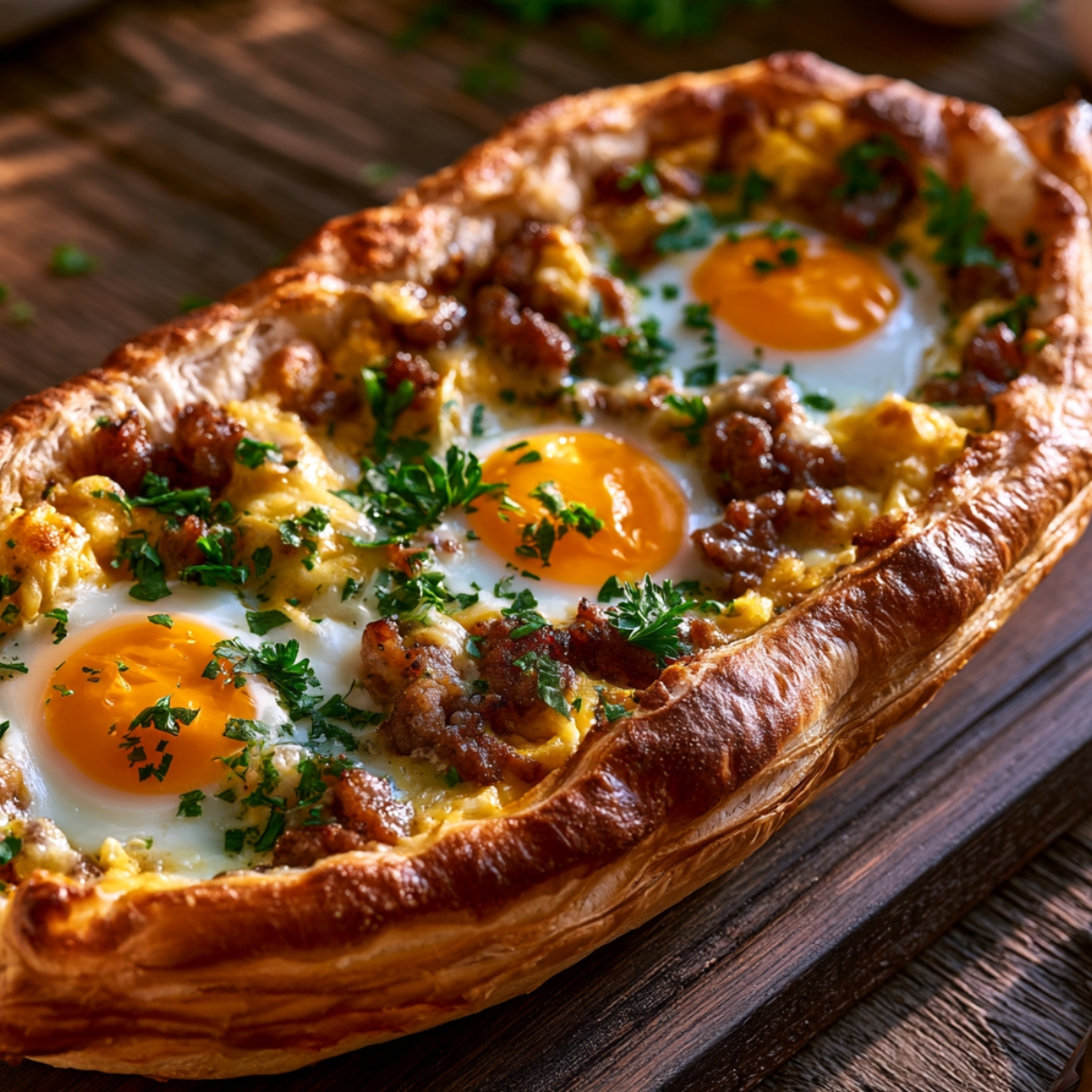 A golden baked puff pastry boat filled with sunny-side-up eggs, crumbled sausage, and melted cheese, garnished with fresh chopped parsley, served on a rustic wooden board.