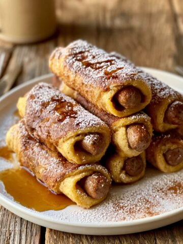 Golden French toast roll-ups wrapped around breakfast sausages, dusted with powdered sugar and drizzled with maple syrup, stacked on a white plate on a rustic wooden surface with a fork and coffee mug in the background.