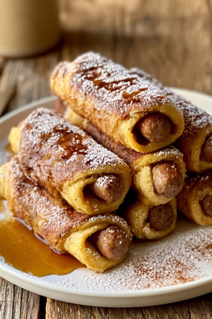 Golden French toast roll-ups wrapped around breakfast sausages, dusted with powdered sugar and drizzled with maple syrup, stacked on a white plate on a rustic wooden surface with a fork and coffee mug in the background.