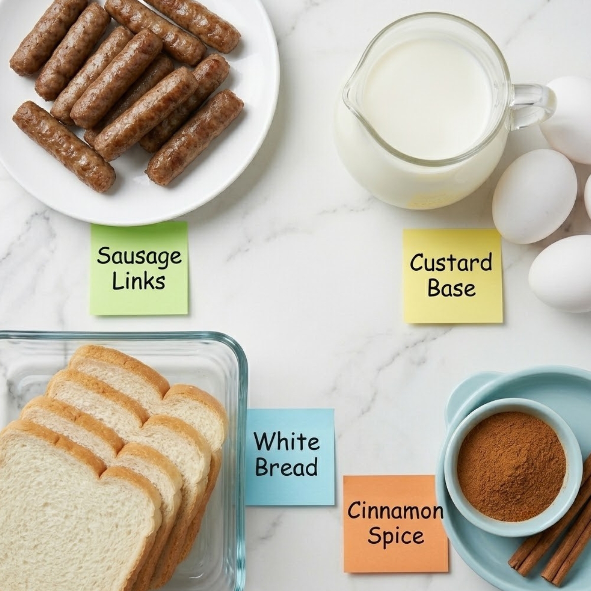 Flat lay of breakfast sausage links, de-crusted white bread, raw eggs with milk, and ground cinnamon with handwritten labels on a marble kitchen counter.