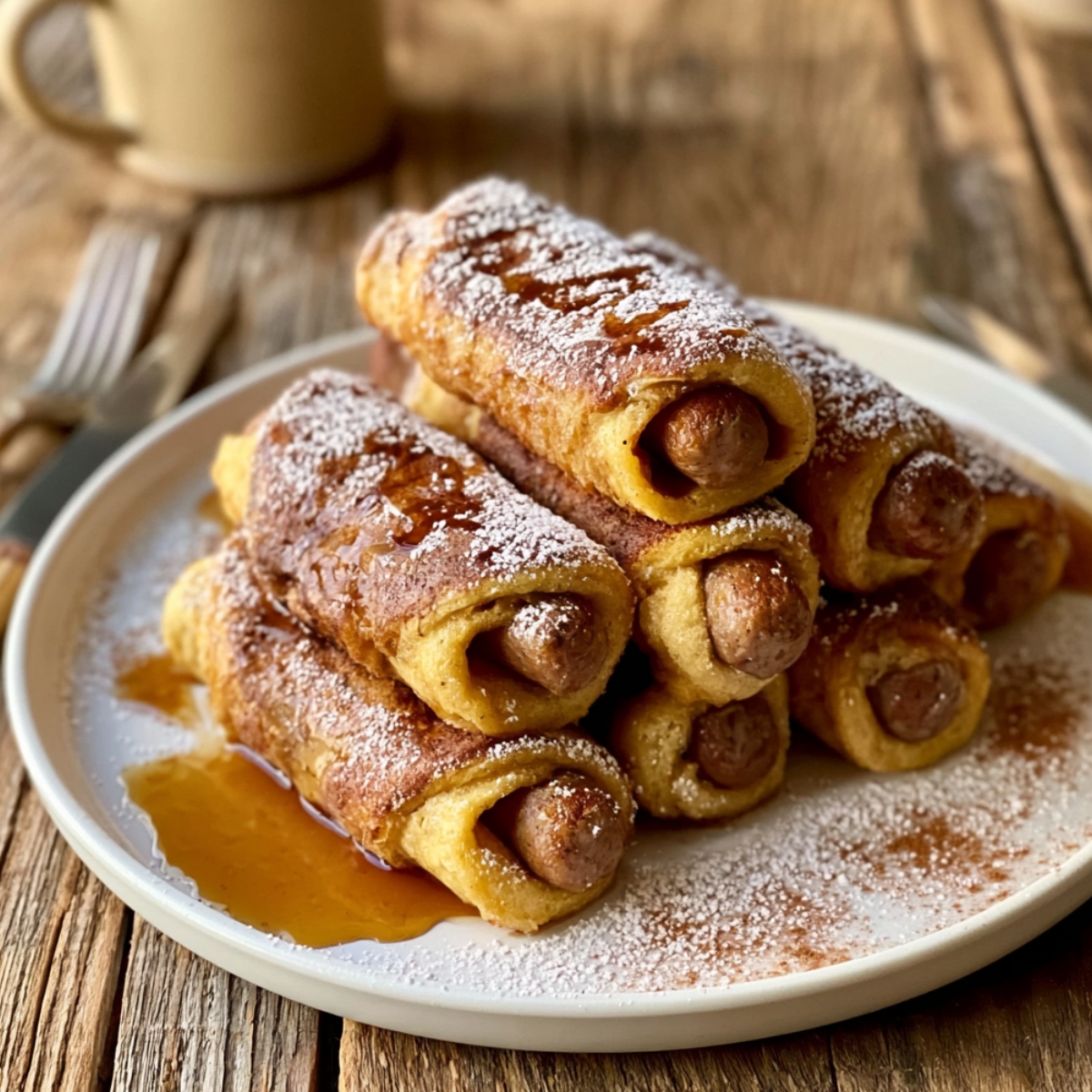Golden French toast roll-ups wrapped around breakfast sausages, dusted with powdered sugar and drizzled with maple syrup, stacked on a white plate on a rustic wooden surface with a fork and coffee mug in the background.