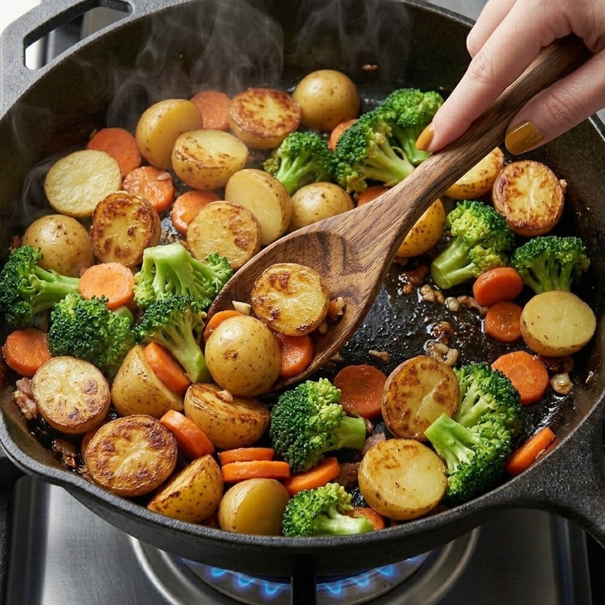 Tight close-up zoom of hands with gold nails using a wooden spoon to stir-fry baby gold potatoes, carrots, and broccoli in a hot pan over a gas flame.