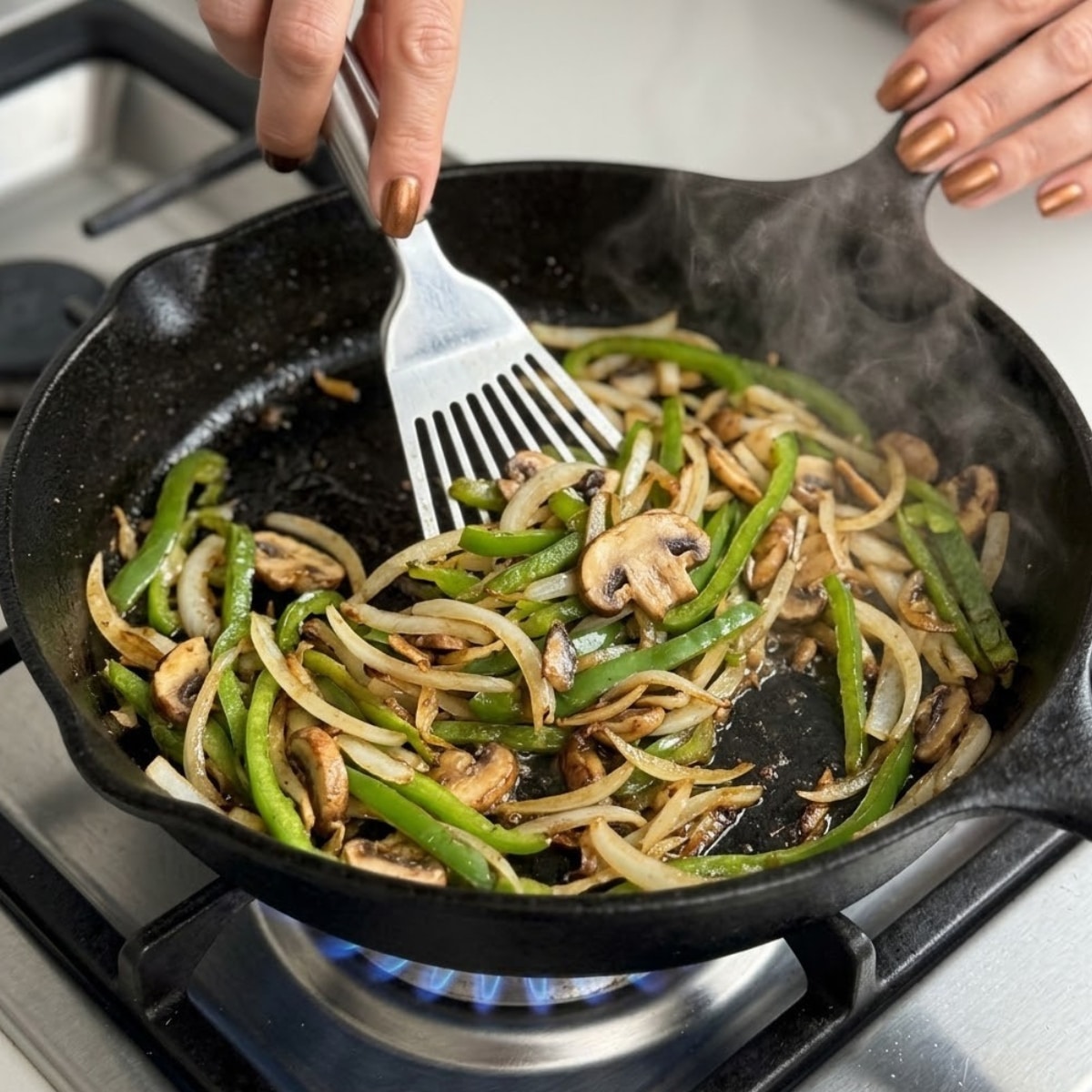 Extreme close-up of hands with bronze nail polish sautéing sliced green bell peppers and onions in a hot cast-iron skillet over a gas flame.