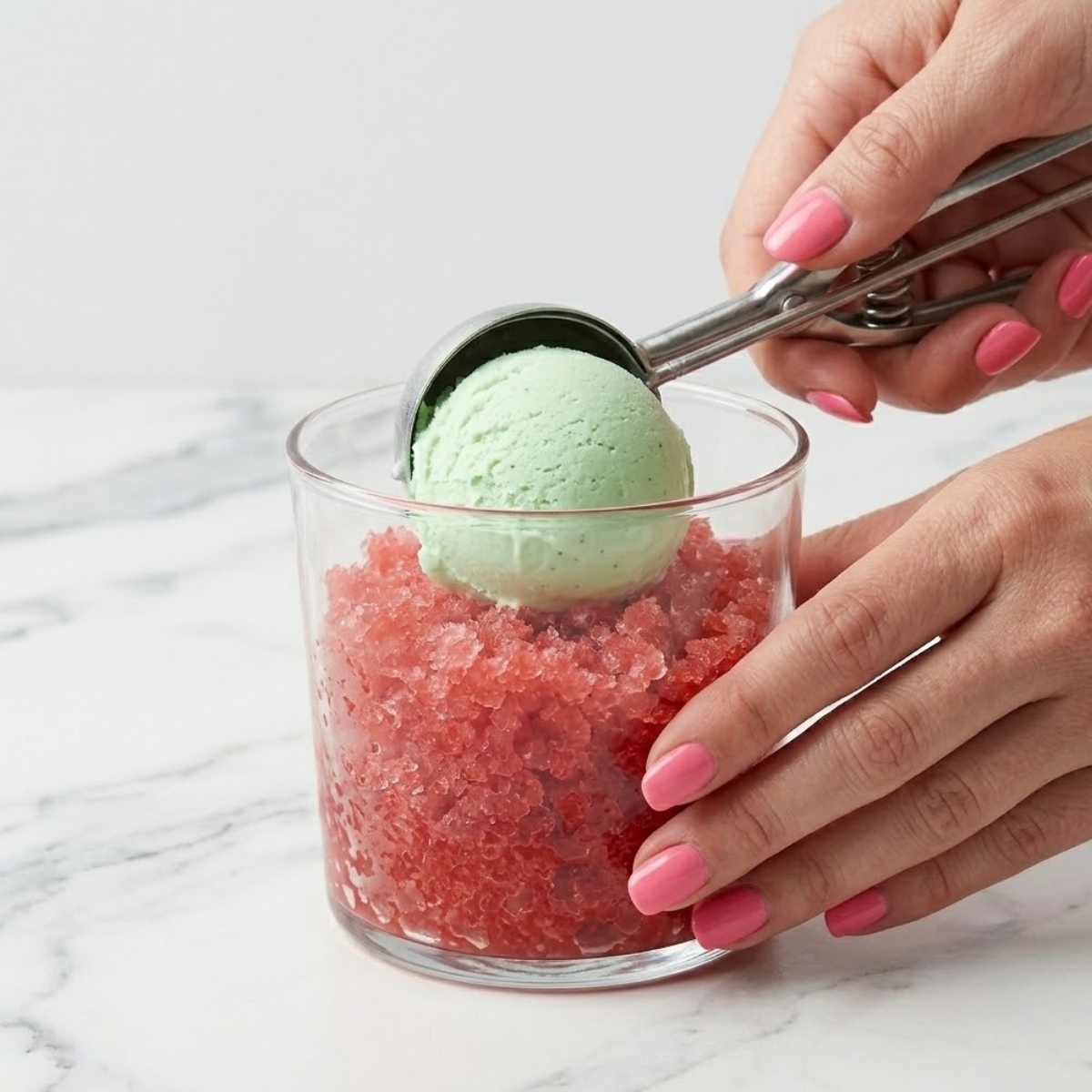 Tight close-up zoom of hands with pink nails using an ice cream scoop to place pale green mint ice cream over red watermelon granita in a clear glass.
