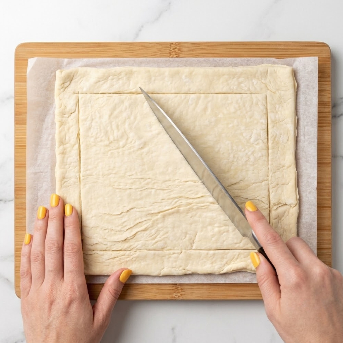 Extreme close-up view of hands with yellow nails using a chef's knife to score and shape puff pastry dough on a wooden board.