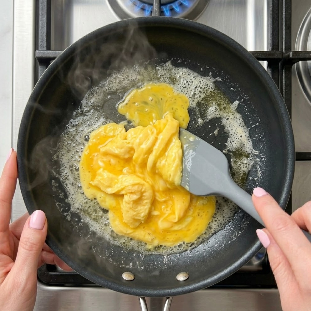 Tight close-up zoom of hands with pink nails using a silicone spatula to fold fluffy, velvety scrambled eggs in a hot non-stick pan over a gas flame.