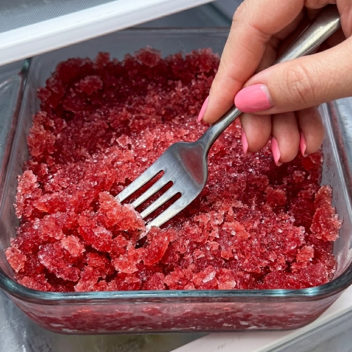 Extreme close-up of hands with pink nails using a fork to scrape frozen red watermelon juice into a flaky granita snow inside a glass dish.