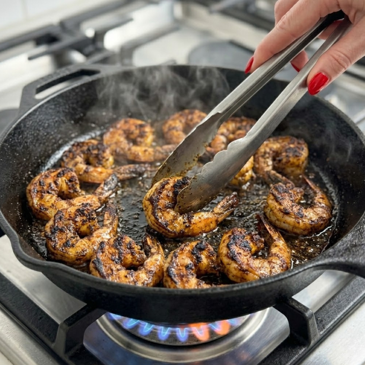 Tight close-up zoom of hands with red nails using metal tongs to sear seasoned shrimp until charred in a hot skillet over a gas flame.