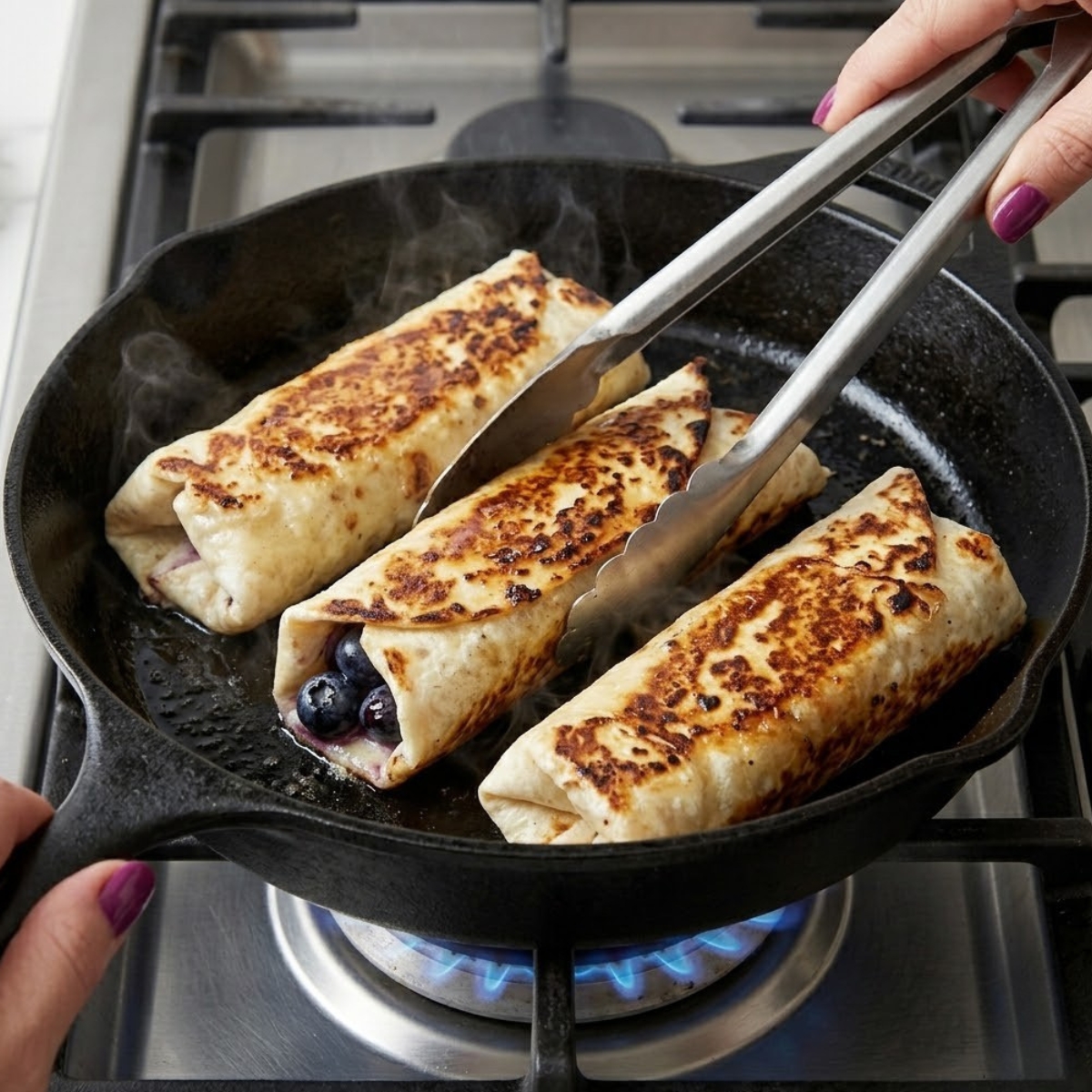 Tight close-up zoom of hands with purple nails using metal tongs to sear rolled low-carb tortillas until golden-brown in a hot skillet over a gas flame.
